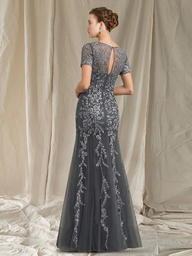 Wholesale Mother of the Bride Dress Elegant Jewel Neck Floor Length Lace Tulle Short Sleeve with Appliques